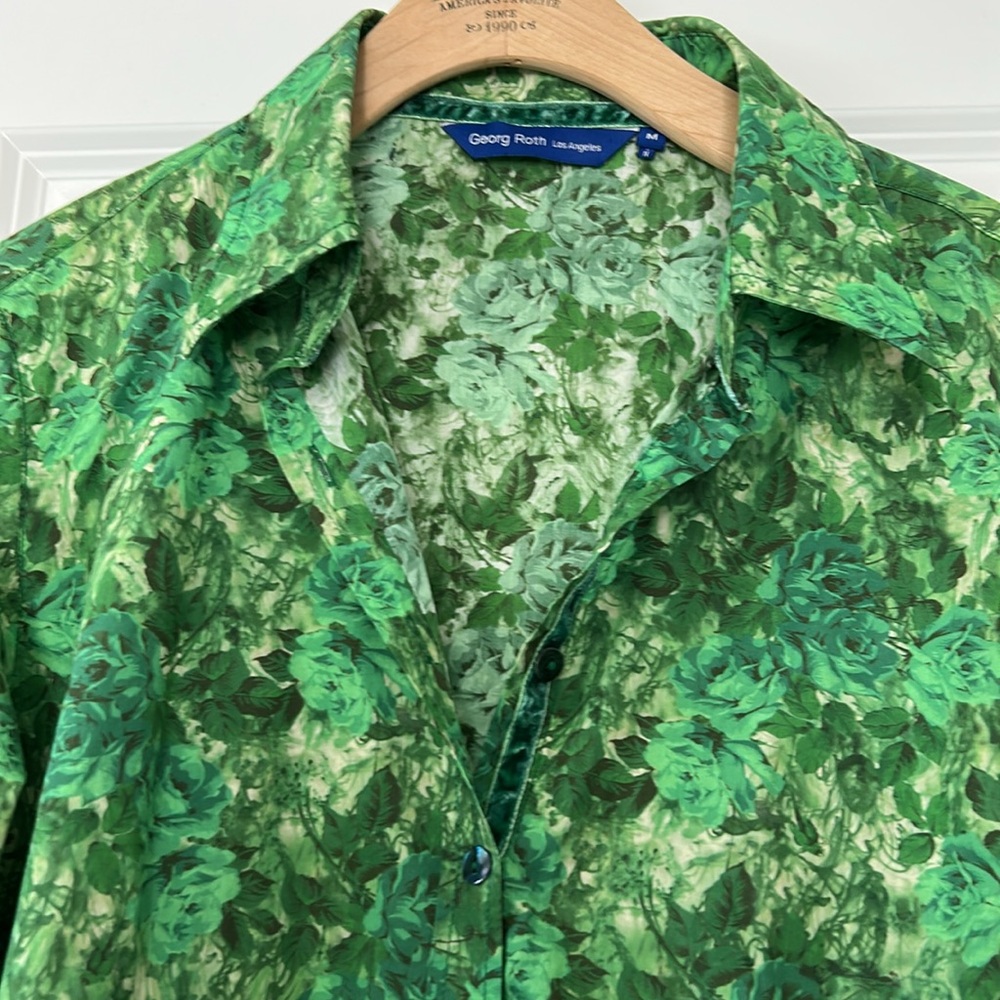 Georg Roth LA Roses Floral Print Blouse w Velvet Trim, Deep Cuffs + Measurements